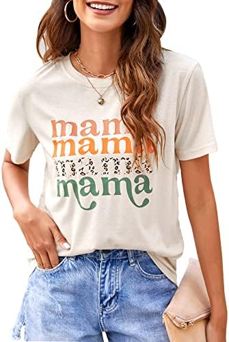 Blooming Jelly Womens Mama Shirt Solid Color Basic Tees Cute Summer Tops Casual Mom Life Shirts （Large,Beige）