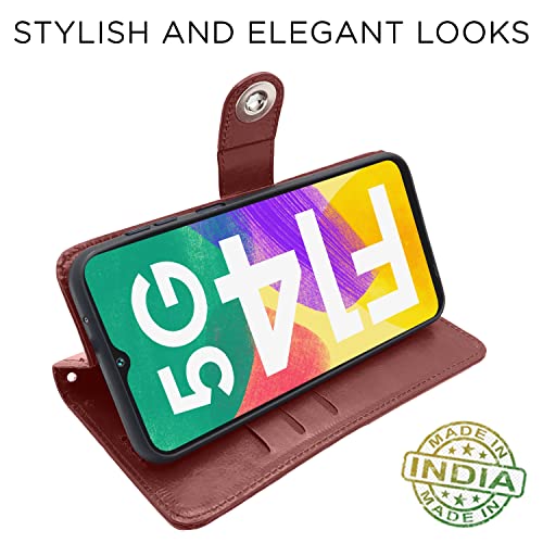 Image of Pikkme Samsung Galaxy F14 5G Flip Cover Leather Finish | Inside TPU with Card Pockets | Wallet Stand and Shock Proof | Complete Protection Button Flip Case (Brown)