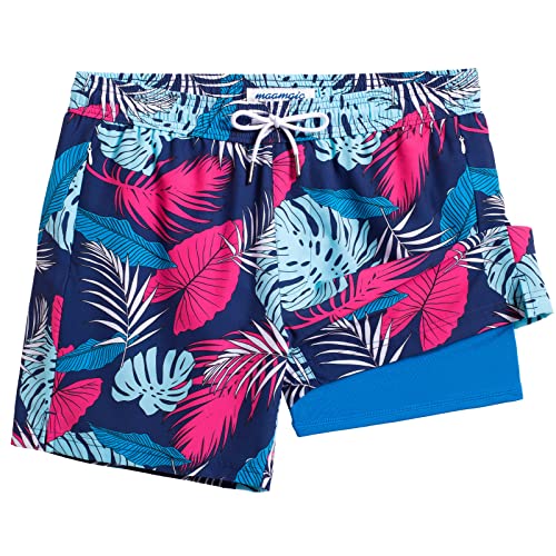 maamgic 5inch Mens Swim Trunks with Compression Liner 2-in-1 Swimming Shorts Stretch Quick Dry with Zipper Pockets Dark Blue-Fallen Leaves X-Large