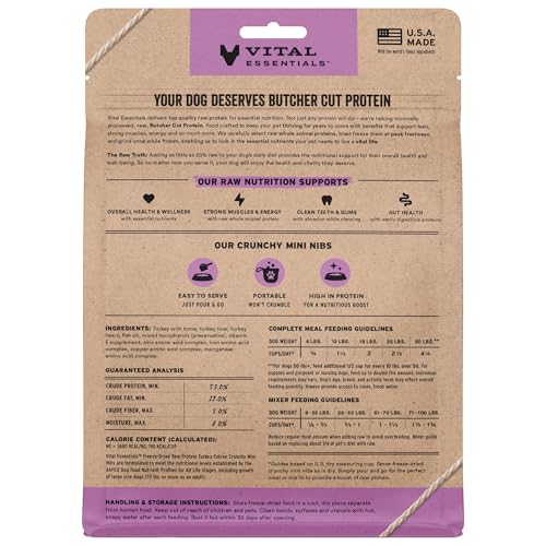 Image of Vital Essentials Freeze Dried Dog Food, Turkey Mini Nibs, 5.5 oz Bag | Crunchy, Complete Meal or Topper, Made With 96% Turkey, Organs & Bone, High Protein Raw Nutrition, Grain-Free Recipe