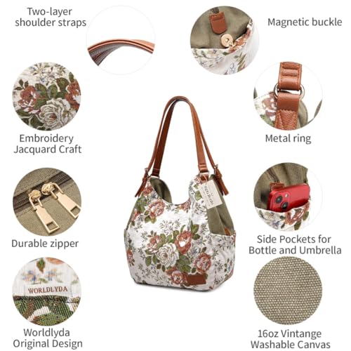 Image of Worldlyda Women Canvas Hobo Purse Multi Pocket Tote Shopper Shoulder Bag Casual Top Handle handbag with Embroidery Ethnic