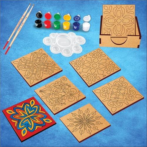 Image of PICRAZEE DIY Art & Craft Wooden Painting Kit for Kids | Premarked Square Coaster MDF Painting Set with 6 Colors 2 Brushes Palette and Stand | Drawing and Coloring Activity Set for Home and Gifting