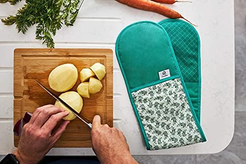 Heat Resistant Green Oven Gloves | Double Oven Mitt Pot Holder With Silicone Non-slip Design For Home Kitchen Baking | Best Modern Stylish Cooking Oven Glove Mitts.