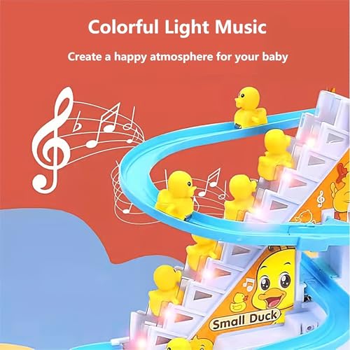 Electric Small Duck Climbing Stairs Tracks Slide Set, Roller Coaster With 9 Ducks LED Lights & Music for Toddlers and Kids (A)