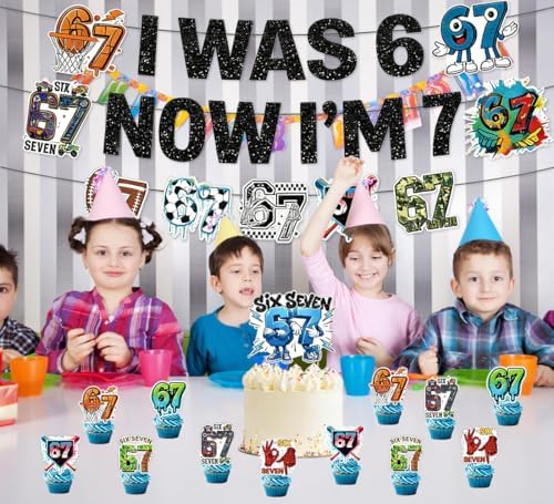 6 7 Birthday Decorations, 6 7 Meme Themed Decorations Set Includes Funny Happy Birthday Banner, Large Cake Topper, 12 Cupcake Toppers & 16 Balloons for Teens & Adults (Blue-black) — view 2