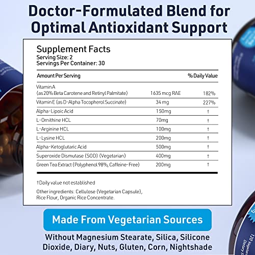 Sod Antioxidants Complex Healthy Aging Supplement, 400Mg Of Superoxide Dismutase, Alpha Lipoic Acid, Green Tea Extract, L-Arginine, Lysine, Akg, Vitamin A, Vitamin E For Immune Support (60 Capsules) #TOP1