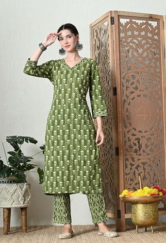 Image of Amazon Brand - Tavasya Women Cotton Anarkali Kurta Pant Dupatta Set | Printed Ethnic Suit Set | Flared Anarkali Kurta with Pant & Dupatta | Festive & Casual Wear