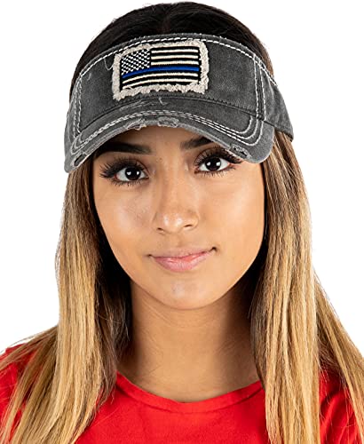 Vintage Distressed Visor Hat: American Flag - Black Blue Line