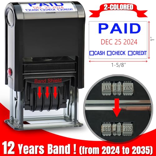 Bertiveny Paid-Stamps-with-Date Self Inking Date-Stamps Office Stamps for Business Supplies Paid Date Stamp with Cash Check Card, 12-Year Bands 2-Colored Ink 2025