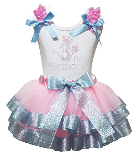 Conjunto de tercer cumpleaños con camiseta de volantes y falda de pétalos rosa y azul para niñas
