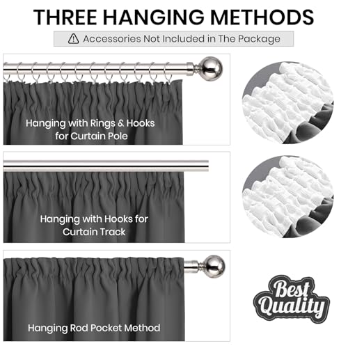 Aspire Homeware Grey Blackout Curtains for Bedroom - Pencil Pleat Black Out Living Room Curtains 46 x 54 inch Drop Super Soft Thermal Insulated Short Kitchen Curtain Pair Panel with Tiebacks - Image 4