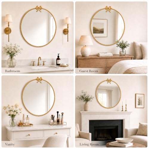 Image of 32 Inch Gold Circle Mirror, Bow Round Wall Mirror Vintage Gold Decor