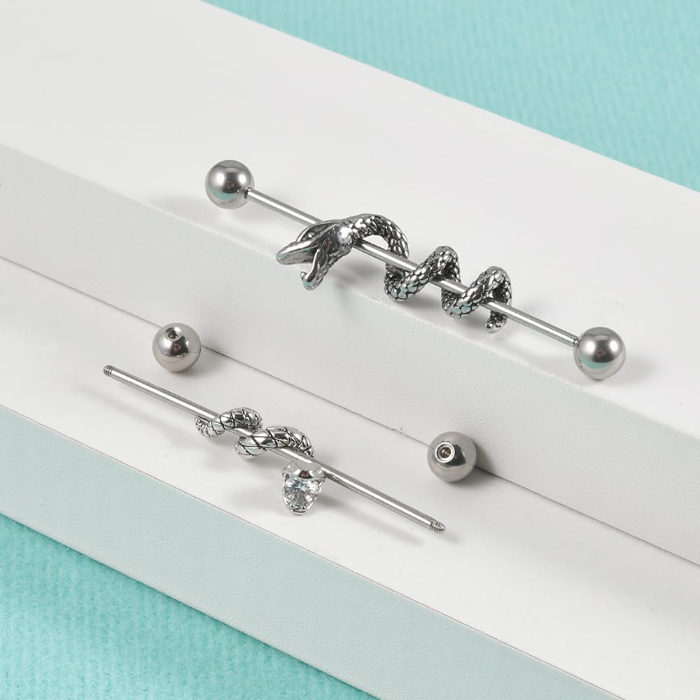 6Pcs 16G Snake Industrial Barbell Earrings for Women Men Surgical Steel Curved Coiled Snake Industrial Bar Long Cartilage Helix Conch Barbell Body Piercing Jewelry