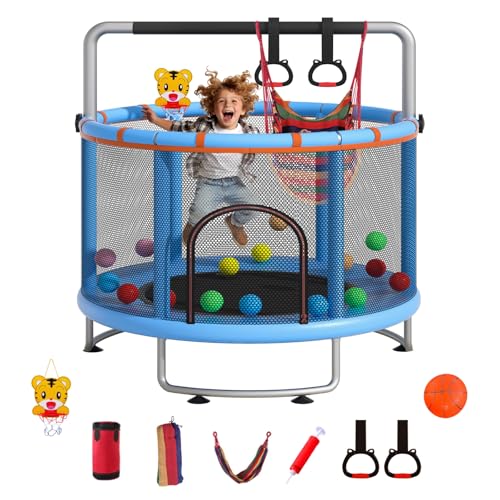 55" Small Trampoline for Kids, Telawah Indoor Outdoor with with Enclosure Net, Safety Enclosure, Round Jumping Mat with Basketball Hoops, Birthday Gifts for Children