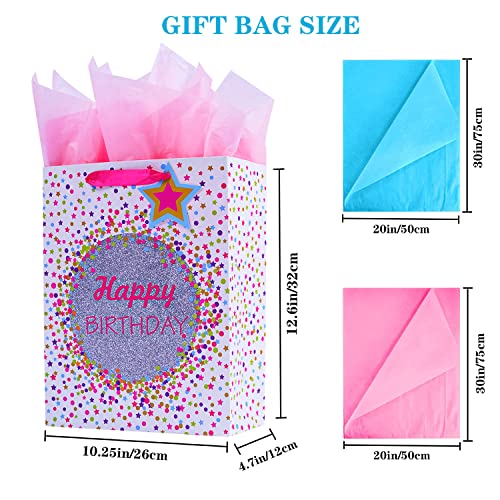 Elephant-package 2Pcs 12.6\" Large Polka Dots Birthday Gift Bags with Tissue Papers for Kids, Boys, Girls, Baby Shower, Party Favor - Thumbnail 2
