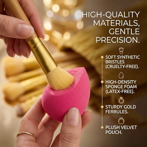 Image of 17Pc Makeup Kit Set - Premium 13-Piece Makeup Brush Set with 3 Makeup sponges & 1 Color-Removal Sponge - Soft Synthetic Bristles, Rose Gold & Cream Design with Velvet Travel Pouch - Complete Professional Beauty Tools (Clean sponge and makeup puffs , color may vary or multicolour) (Yellow)