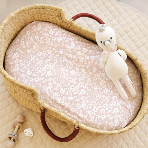 Image of Baby Bassinet Sheets Girl (Fleurette) 2-Pack - Fitted Bedside Bassinet Sheets - Buttery Soft Cotton Blend for Standard Mattress Pad - Compatible with Halo BassiNest