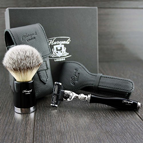 Ha2ryali London Mens Shaving Kit 3 Edge Razor with Synthetic Badger Hair Brush Comes in Leather Case Travel Pouch Perfect Set for Men