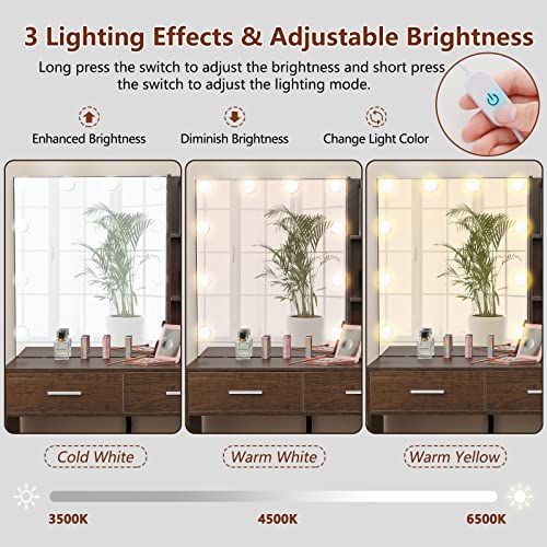 Usikey Large Vanity Set With 10 Led Lights And Charging Station, Makeup Vanity Dressing Table With Usb Ports And Outlets, Vanity Table Set With 5 Drawers, Storage Shelves And Cushioned Stool, Brown #TOP2