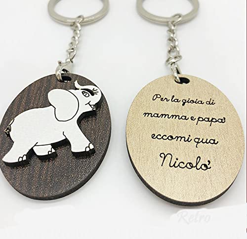 Ingrosso und SparMio 20 Schlüsselanhänger mit ovalem Anhänger aus Holz und Elefant, mit Gravur für Gastgeschenke zur Geburt, Taufe, Jungen, Mädchen (mit persönlicher Gravur - mit Tiffany-Verpackung)