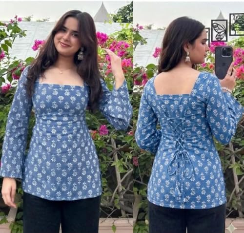 Image of Women's Rayon Printed Short Kurti | Straight Fit Casual Ethnic Top | Square Neck Full Sleeve Ladies Kurti Office College