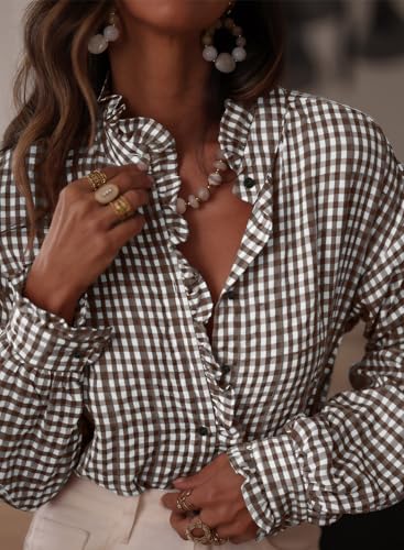 Astylish Womens Plaid Ruffle V Neck Button Down Blouse Casual Long Sleeve Gingham Trendy Tops Work Checkered Shirt2