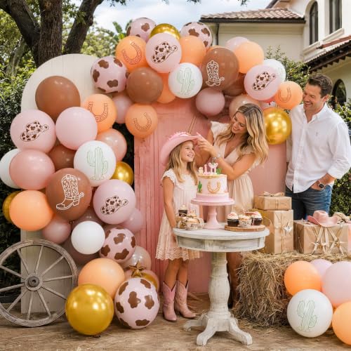 Image of Cowgirl Balloons, Dusty Pink Brown Cow Print Latex Balloons, Pink Cream Beige White Balloons for Cowgirl Girls Birthday My First Rodeo Western Baby Shower Yeehaw Country Farm Animals Party Decorations