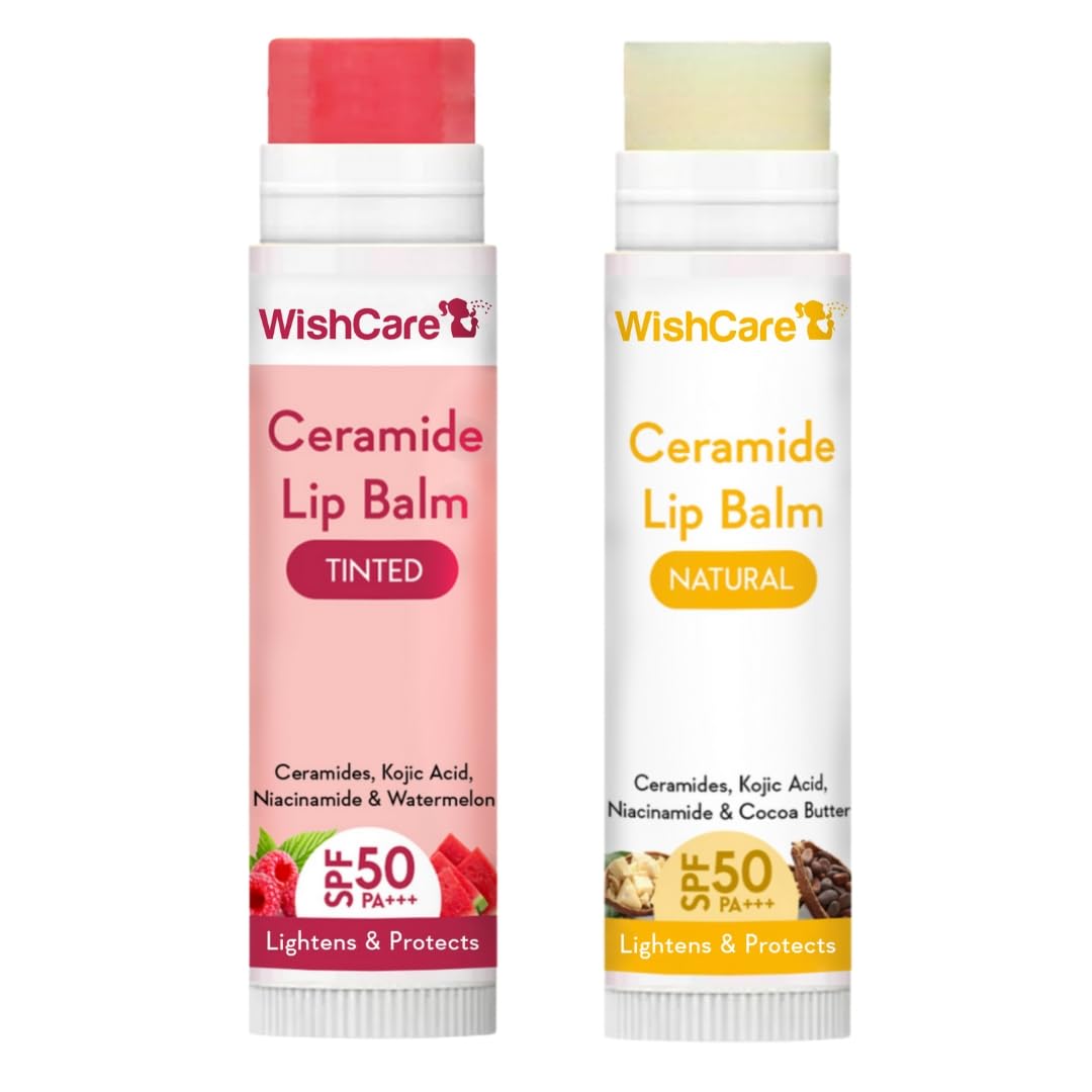 WishCare Tinted & Untinted Ceramide Lip Balm for Dark Lips with SPF 50 & Kojic Acid (5gm + 5gm),Assorted