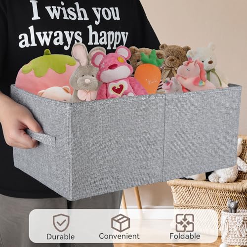 Pomodee 3 Pack Linen Storage Baskets with Handle,Large Foldable Closet Storage Bins for Shelves, Toys, Sheets, Clothes Organization,18"×11"×8",Grey - Image 4