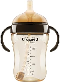 Thyseed PPSU Weighted Straw Cup with Handles Toddlers Transition Bottles to Sippy Cups No Spill Learner Milk Water Baby Bottle Soft Silicone Spout Dishwasher Safe BPA Free 6+ Months 10oz/300mL 1 Pack