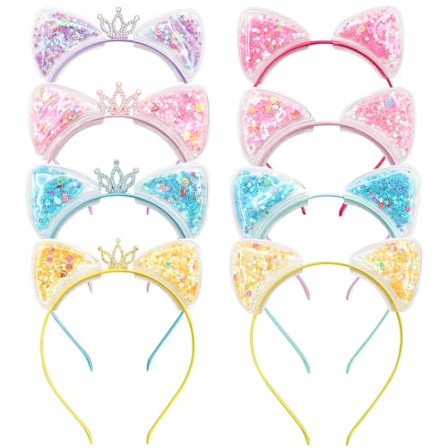 ZOCONE 8 Piezas Diademas con Orejas de Gato Niñas Glitter Diadema Orejas de Gato para Niña Transparente Plástico Diademas de Gato Multicolor Diademas Niñas para Fiesta Halloween Carnaval Navidad