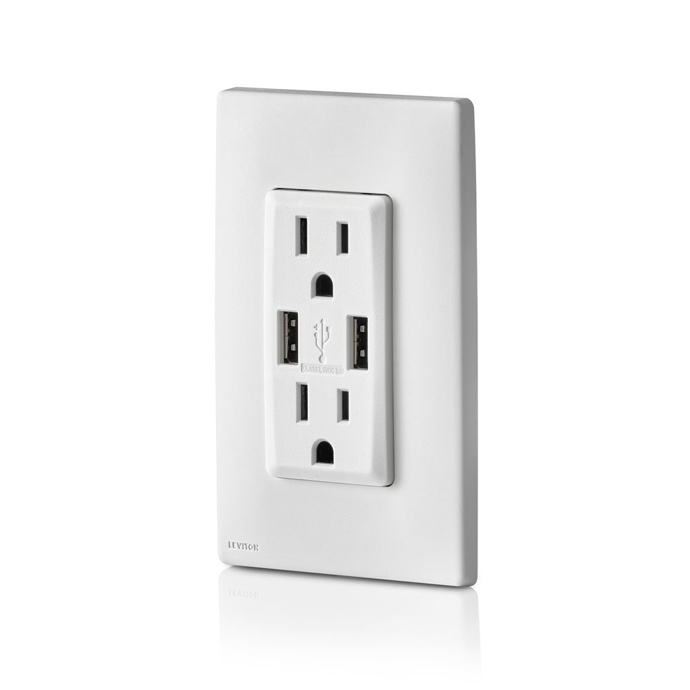 Leviton Renu USB Charger/Tamper-Resistant Duplex Outlet, 15A-125VAC, RUAA1-WW, White On White