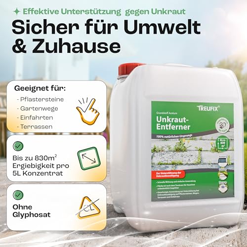 Treufix Konzentrat zur Unkrautentfernung Grundstoff Acetum (Essigsäure) Ohne Glypohosat zur Unterstützung bei Unkrautbeseitigung auf Pflastersteine, Gartenwege, Terrasse & Einfahrt 5L - Made in DE