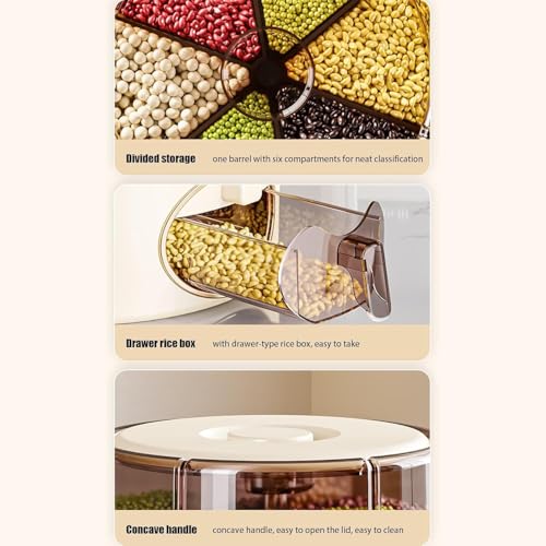 Grain Dispenser, 360 Rotating 6-Grid Dry Food Dispenser, Large Grain Container Storage with Lid, One-Click Output rice Storage Round Grain Dispenser Kitchen (Larger) - Image 5