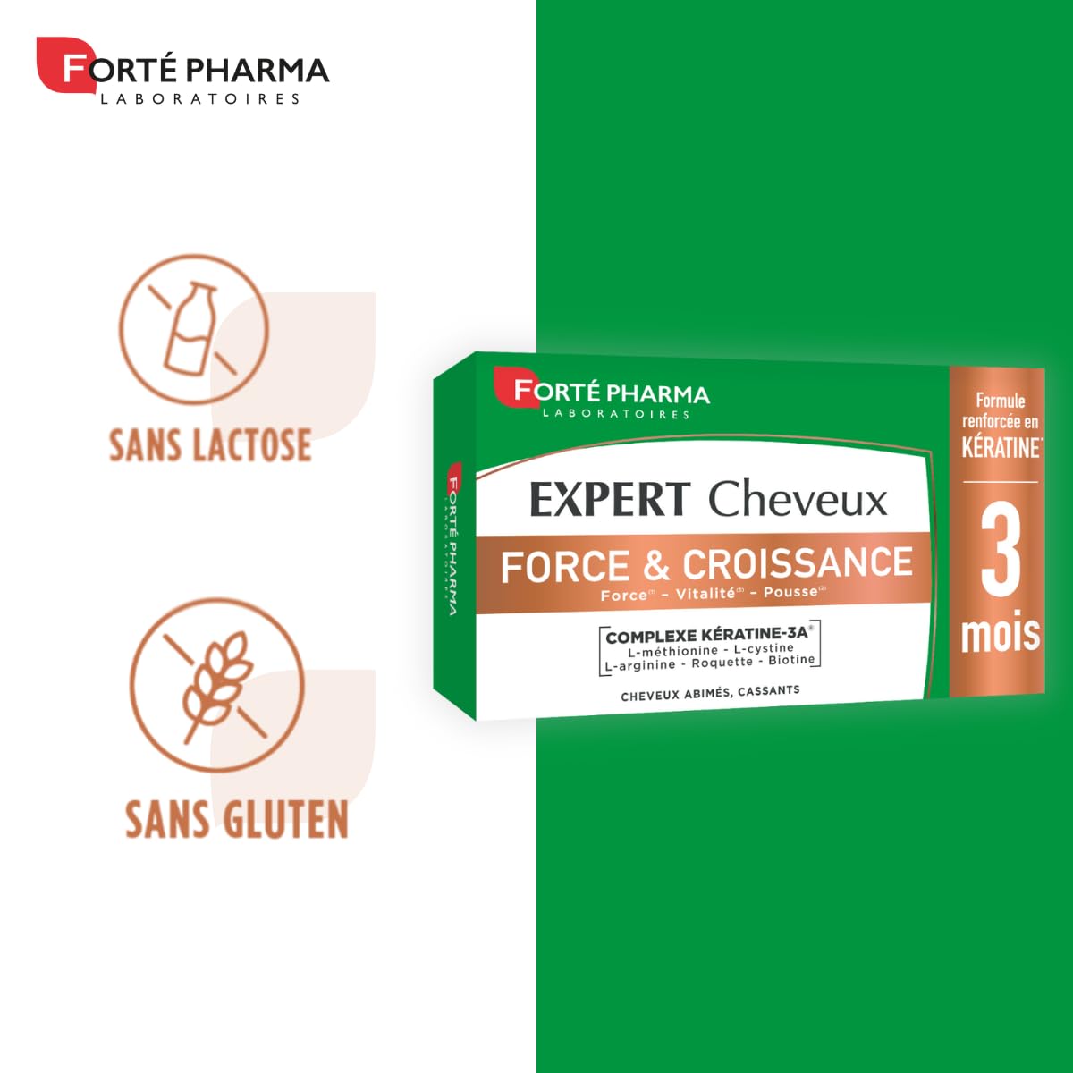 Forté Pharma Complément cheveux Expert Cheveux Force & Croissance 90 cp | Complément alimentaire Vitalité capillaire pour cheveux abîmés & cassants, renforcé en Kératine, 3 mois renouvelable