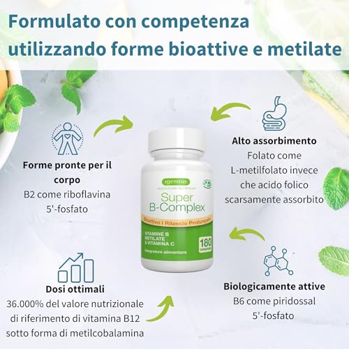 Super B - Vitamina B Complex ad Alto Assorbimento e Rilascio Prolungato, B1,B2,B3,B5 B6,B12 Metilcobalamina, Metilfolato, Biotina e Vitamina C, 180 Compresse Vegane – Igennus - 3