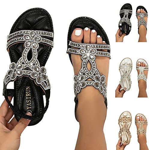 Aodong Sandals Women Dressy Summer Flat, Women's Casual Bohemian Beach Shoes Fashion Crystal Open-Toe Low Heeled Sandals Black #TOP3