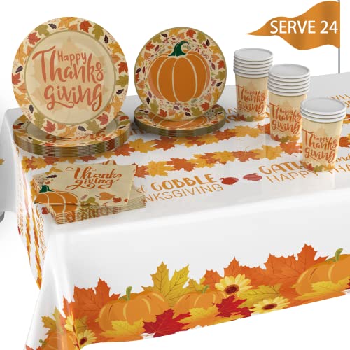 Thanksgiving Plates Napkins Cups Tablecloth Serve 24 Disposable Tableware Paper Plates Cups Napkins Plastic Tablecloth Perfect For Thanksgiving Table Decoration Thanksgiving Dinnerware Yellow Pumpkins #TOP4