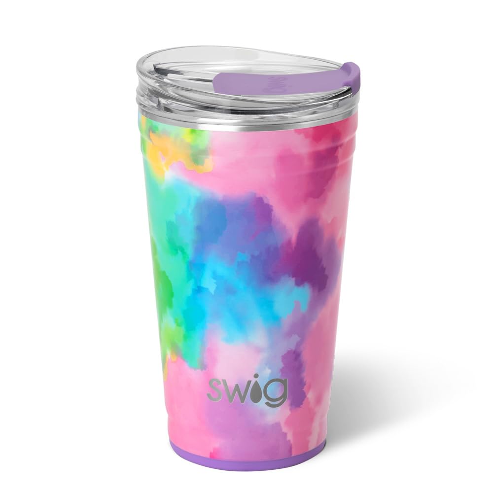 swig life 24oz party cup, stackable insulated travel coffee tumbler with ez slider lid, cup holder friendly travel thermos, stainless steel 24 oz tumbler, reusable coffee mug (cloud nine)