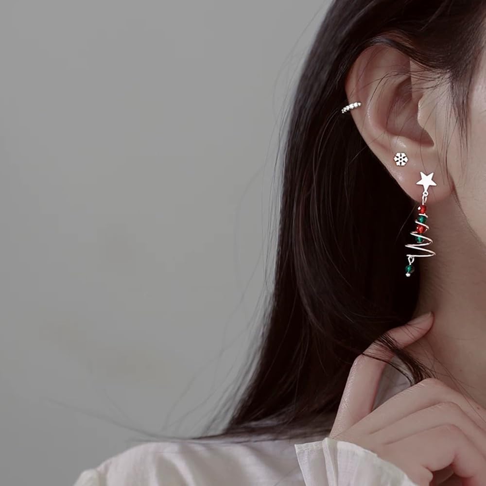 SELOVO Tree Shape Clip On Earrings Star Twist Green Red Dangle Earrings - Image 2