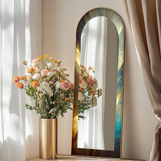 Specchio da pavimento con sfumatura marmorizzata Sunrise Gradient, 50,8 cm x 160 cm (larghezza x altezza), specchio da pavimento ad arco con cornice nera con cornice nera