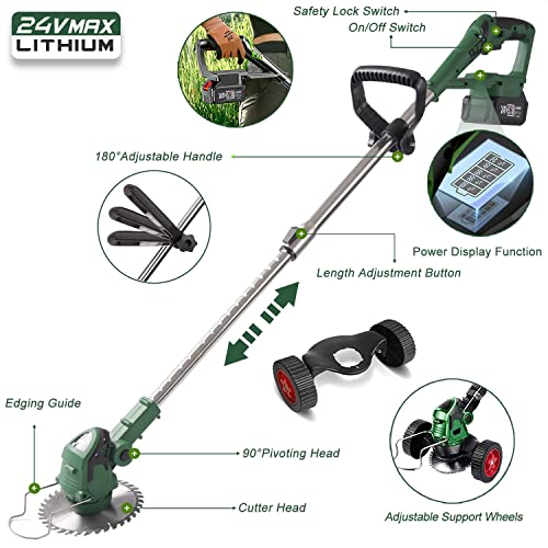 Electric Cordless Weed Wacker Grass Trimmer, 3-In-1 Lightweight Push Weed Eater & Edger Lawn Tool, 24V Brush Cutter Battery Powered With Shoulder Strap And 3 Types Blades For Yard Garden #TOP1