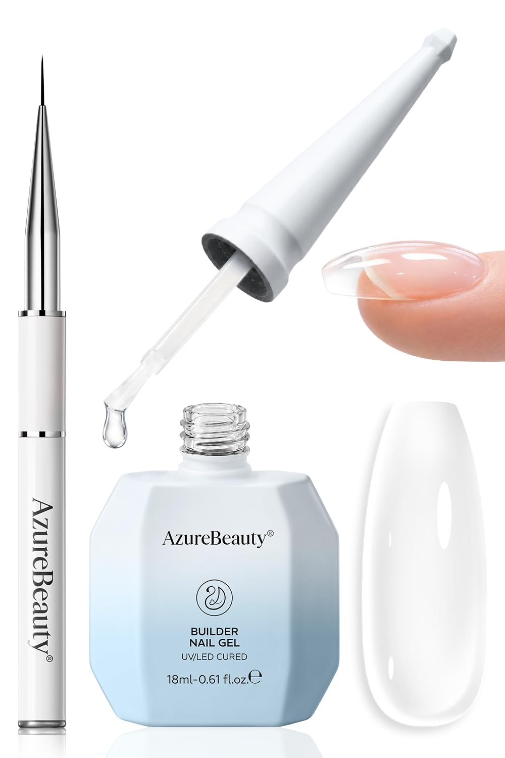 AzureBeauty Clear Builder Gel for Nails 18ml with Detachable Brush | UV LED soak off, self-leveling texture; for apex, extension & overlay; beginner friendly DIY,Base & top coat required