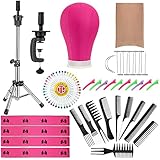 Yahenda 23 Inch Wig Cork Canvas Block Head with Mannequin Tripod Head Stand Wig Holder Stand with Pins Wigs Making Kit and Supplies Accessories for Cosplay Making Wigs Styling Display (Pink)