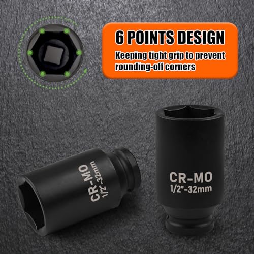 Image of 1 /2 inch Drive Deep Impact Socket, 32mm Metric Socket, CR-MO 6 Point for Easy Removal of Axle Nut