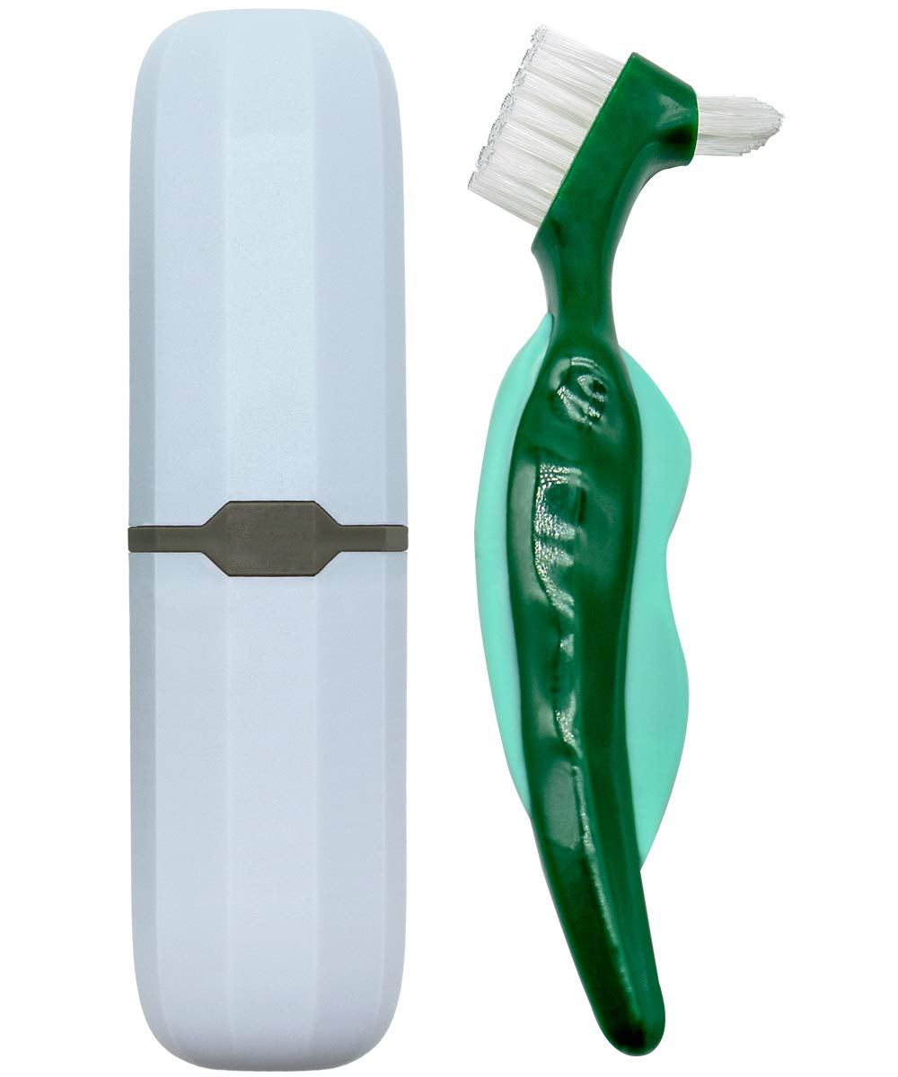 Denture Case, Denture Cups Bath, Toothbrush with hard denture and portable toothbrush box, Dentures Container with Basket Denture Holder for Travel (Green)