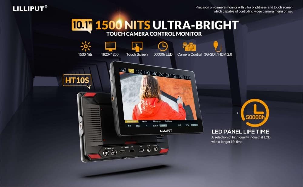 Lilliput HT10S 10.1 Inch Camera Monitor Ultra-Bright 1500 Nits 1920 * 1200 HDMI 2.0 Touch Screen 3G-SDI up to 2160P 60HZ 50000h LED Lance Cable Control with Power Adapter