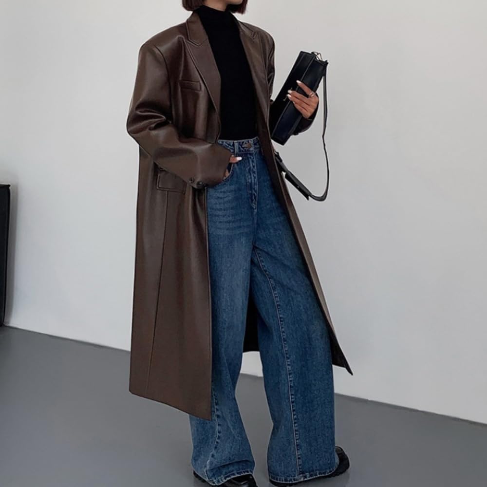 Women's Leather Long Coat Casual Two Buttons Suit Dress Blazer for Party Prom