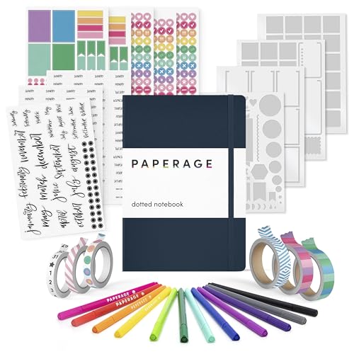 PAPERAGE Bullet Journal Kit, Dotted Journaling Set & Stationary Kit, Hardcover Dotted Journal Notebook (Navy), 12 fineliner Pens, 8 Sticker & 3 Stencil Sheets, 6 Washi Tapes