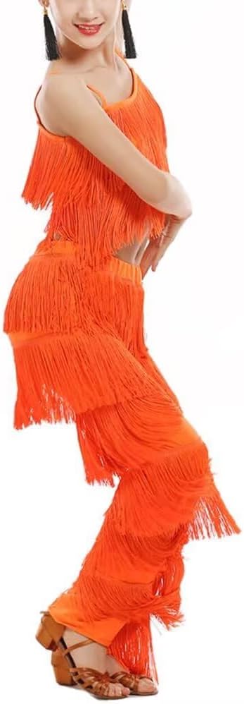 Girls 2 Piece Latin Ballroom Dance Outfits Set Tassel Camisole Fringe Pants Modern Salsa Dancewear